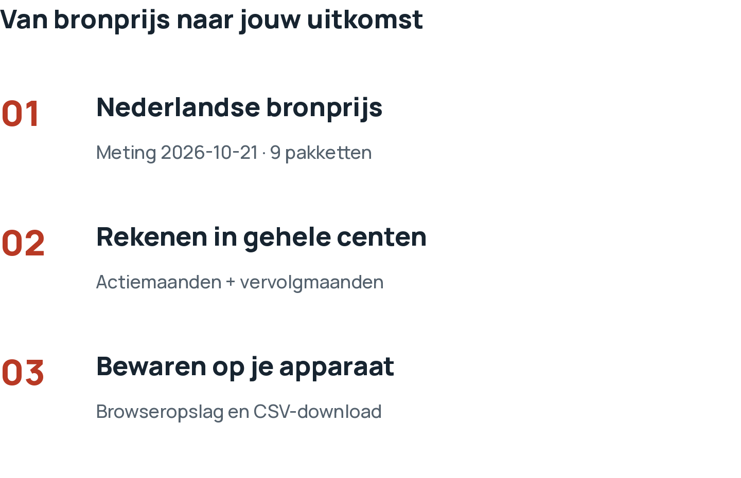 Nederlandse bronprijzen van 21 oktober 2026, rekenen in gehele centen, bewaren en CSV op je eigen apparaat.